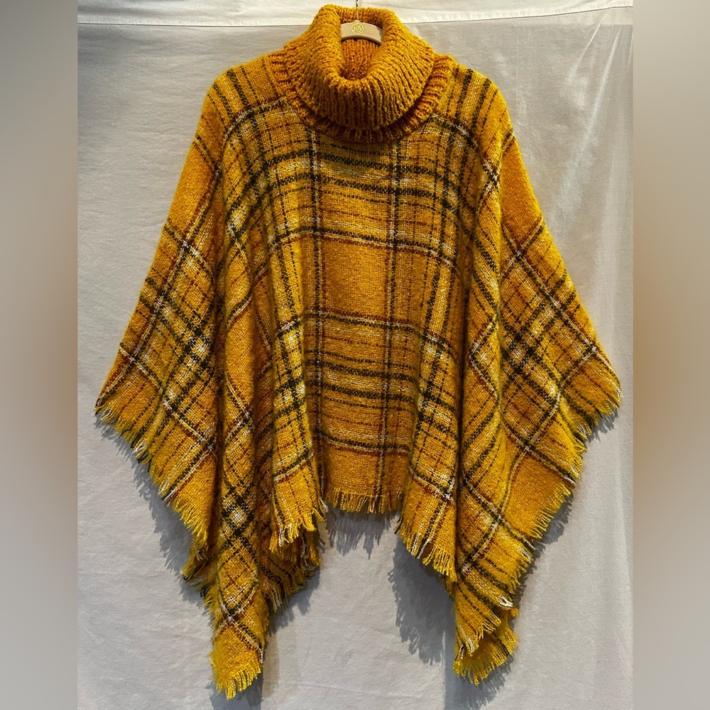 NWOT - Kate & Mallory Yellow Plaid Turtleneck Poncho Sweater